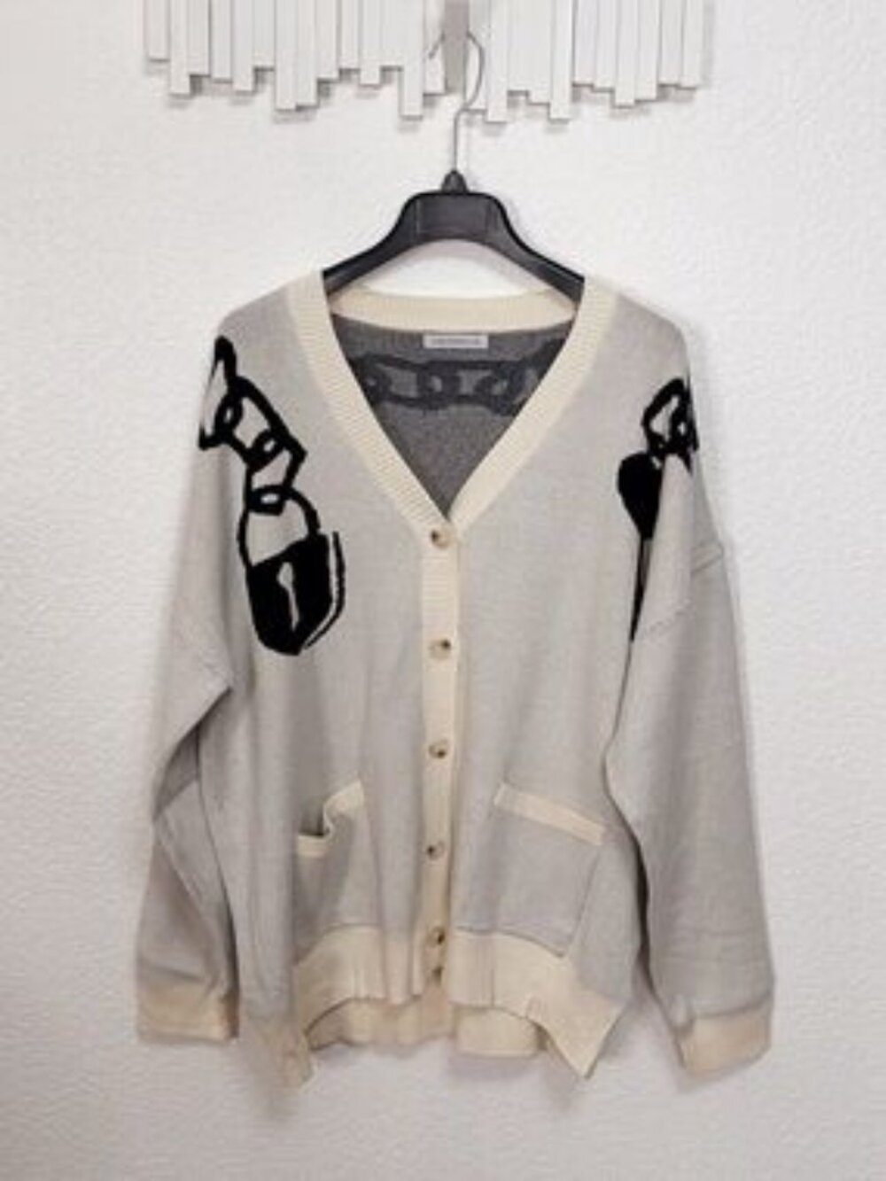 Miss Sparkling Lock Key Chain Graphic Oversized Button Front Knit Cardigan - Picture 5 of 8
